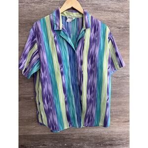 VTG Teddi Shirt Large Top Short Sleeve 70’s Purple Blue Stripe Blouse Vintage